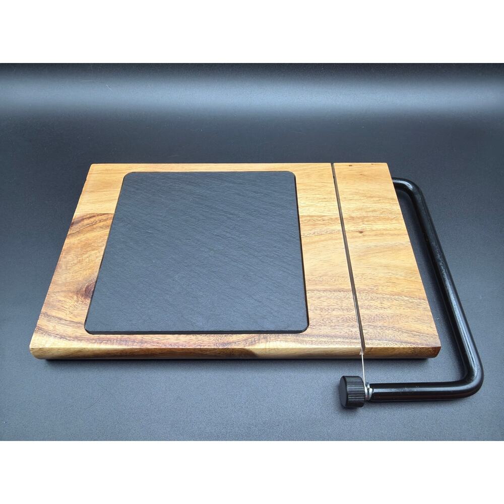 Gourmet Chef Wood Cheese Board w Wire Slicer Slate Insert Charcuterie Tray 11”